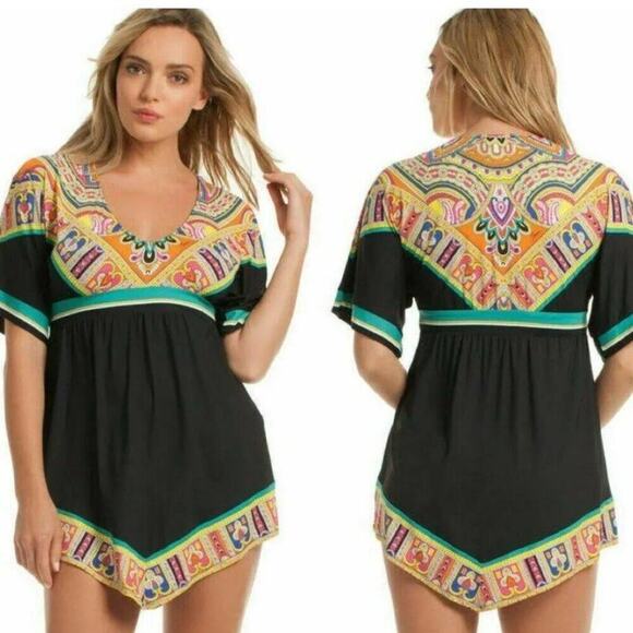 TRINA TURK MINI DRESS NEPAL TUNIC SIZE S AESTHETIC VERSATILE SUMMER COVER UP - Picture 2 of 16